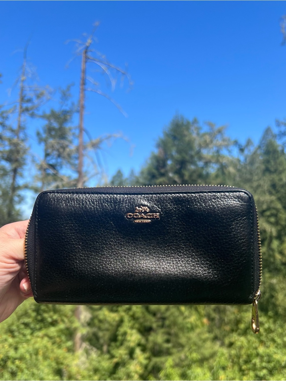 COACH Long Zip-Around Wallet BLACK Pebble Leather with Gold Hardware AUTHENTIC